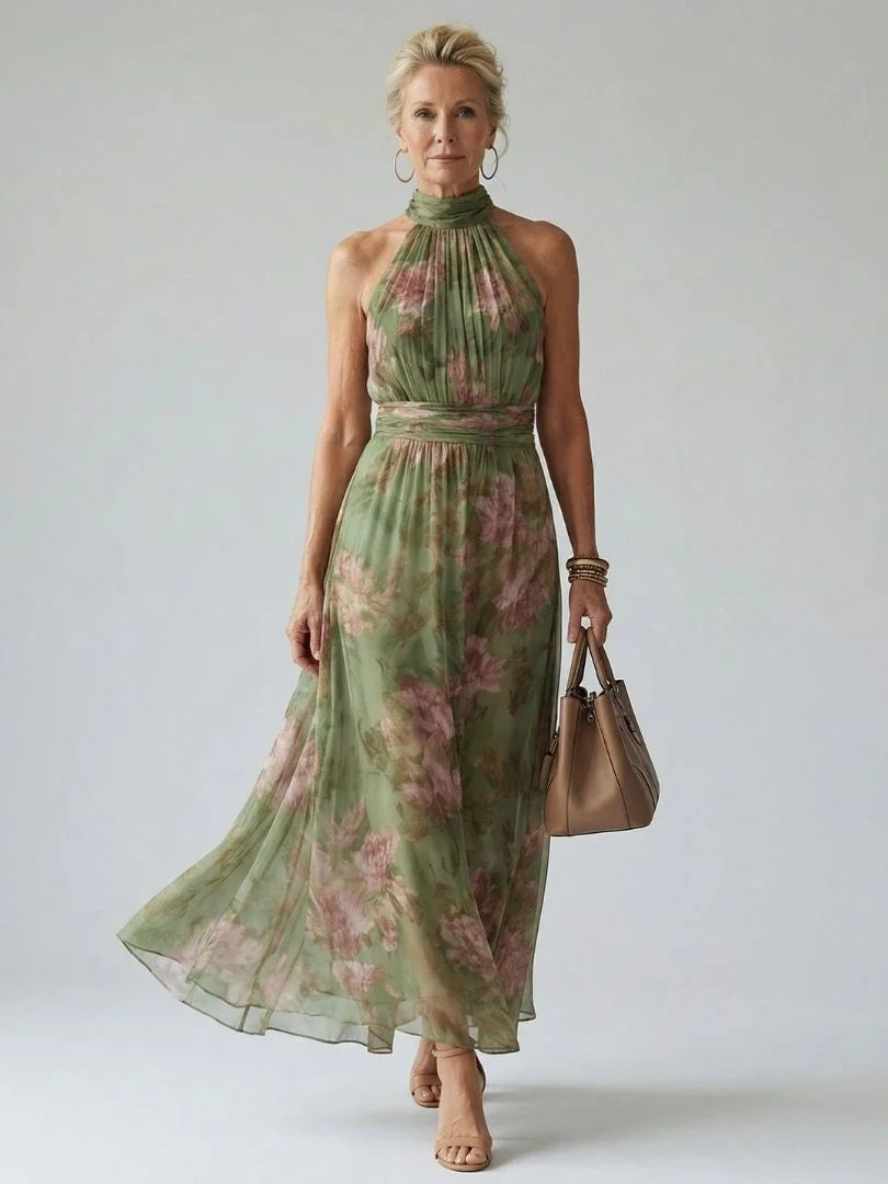 Langes Damenkleid – Neckholder-Ausschnitt, taillierte Passform, ausgestellter Saum
