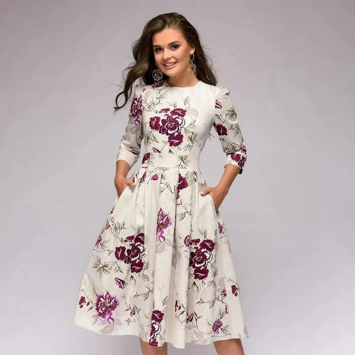 Robe Femme Midi Évasée Imprimée – Plissé Élégant Taille Marquée