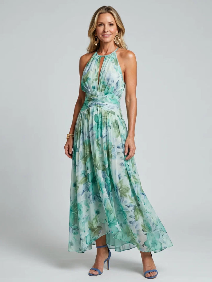 Robe Femme Maxi à Col Halter – Imprimé Fluide et Décolleté V