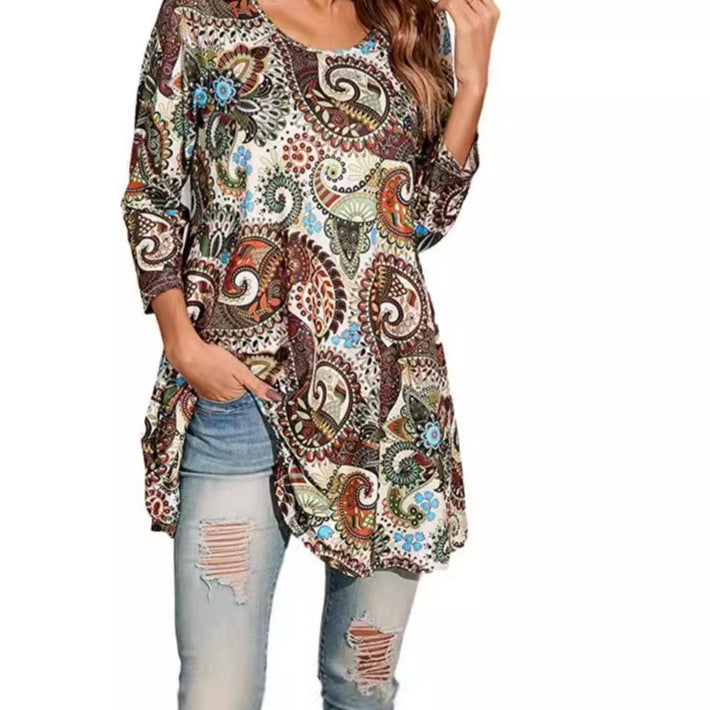 T-shirt donna a fiori – maniche tre quarti fluide, taglio ampio
