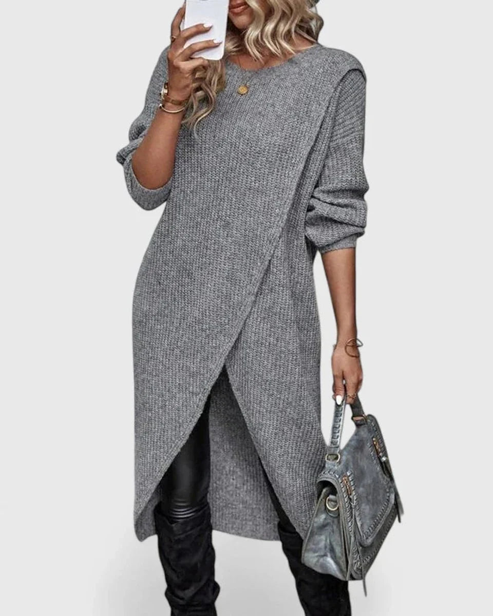 Mittellanges Damen-Strickkleid – Taillierter Wickelschnitt