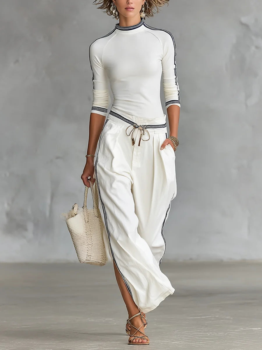 Damen-Zweiteiler – Langarmoberteil und weite Hose mit kontrastierenden Details