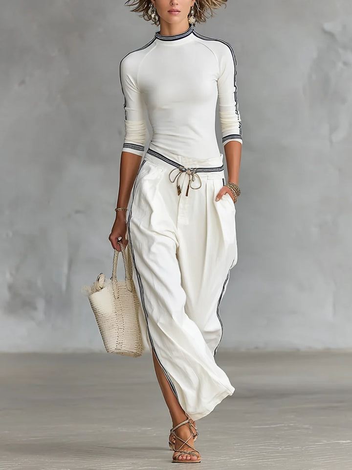 Damen-Zweiteiler – Langarmoberteil und weite Hose mit kontrastierenden Details