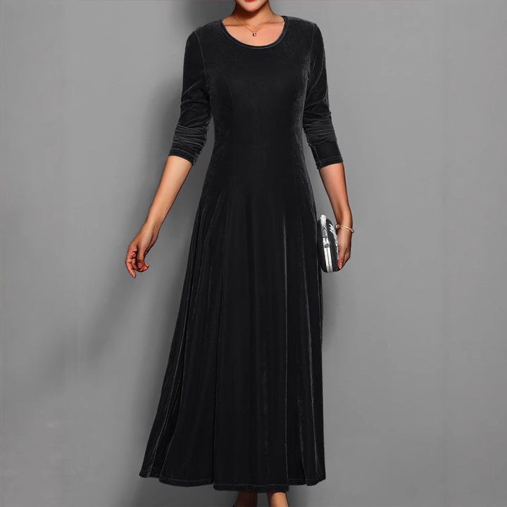 Langes Damen-Samtkleid – A-Linien-Schnitt mit eleganten 3/4-Ärmeln