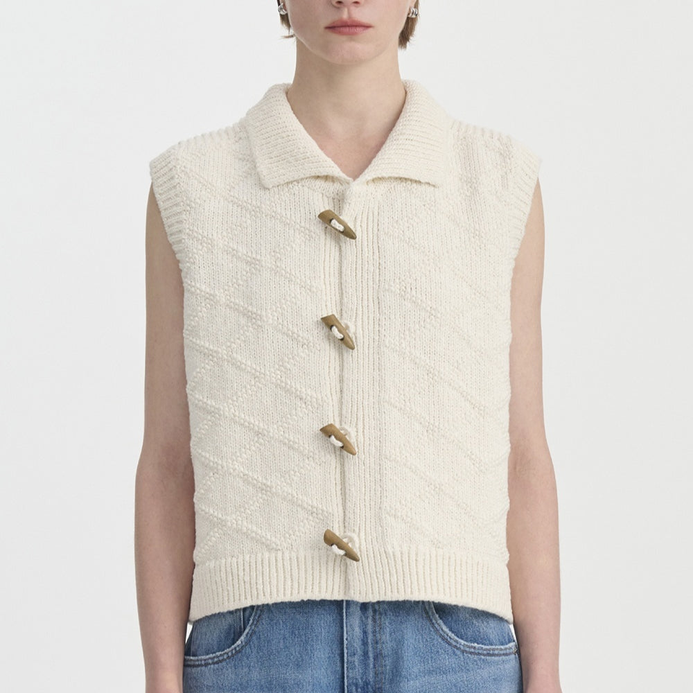 Gilet Femme en Coton Tissé – Motif Losange Vintage