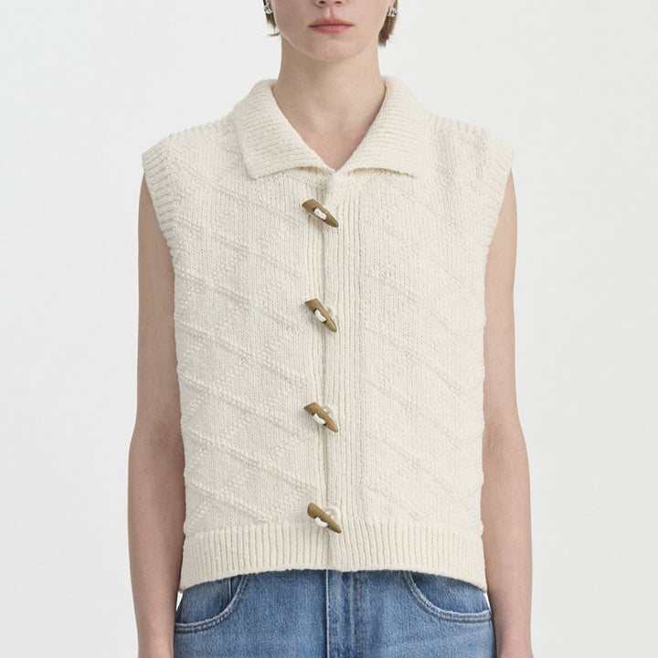 Gilet Femme en Coton Tissé – Motif Losange Vintage