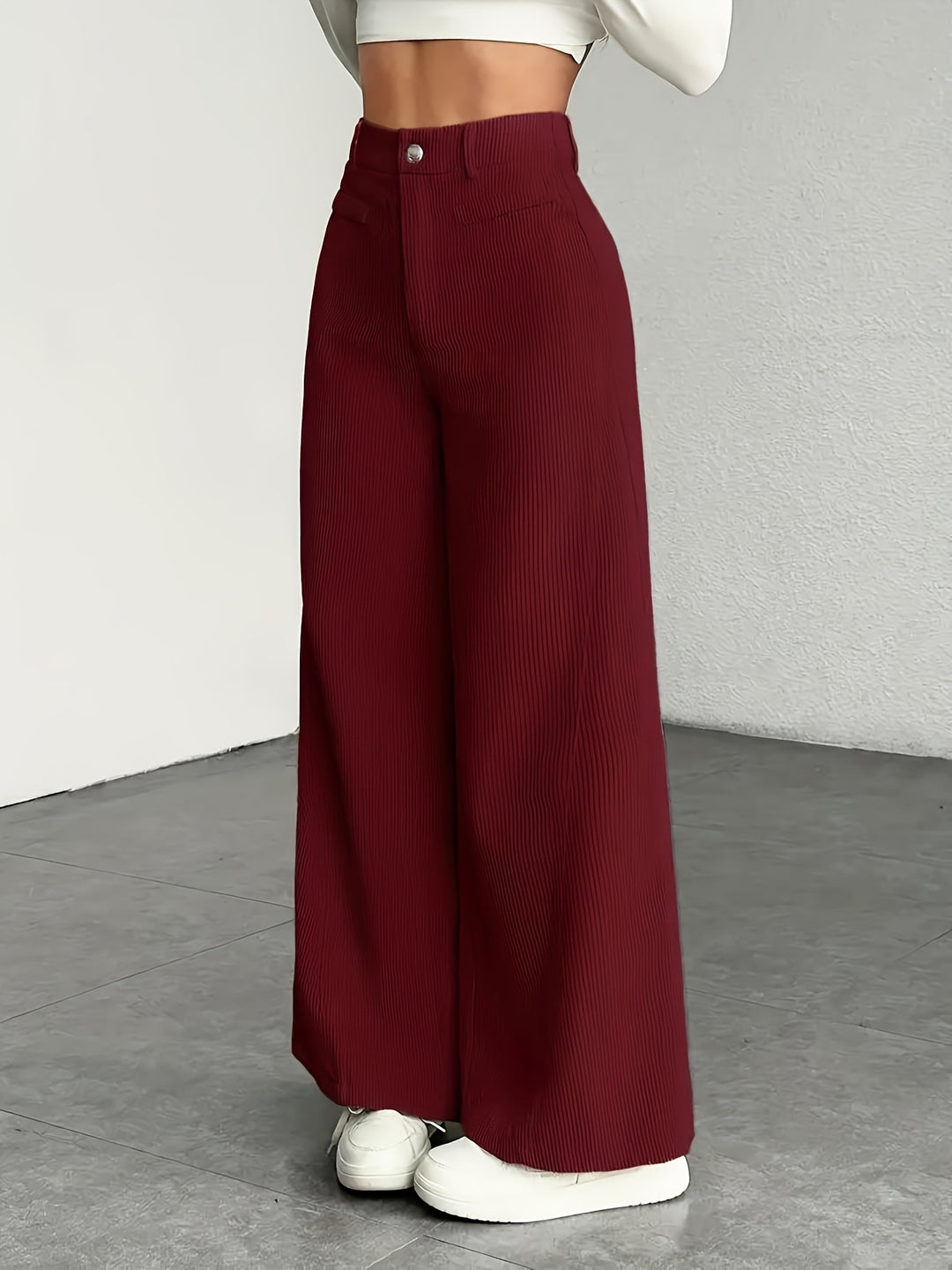 Pantalon Femme Taille Haute Jambe Large – Rayures Verticales Élégantes