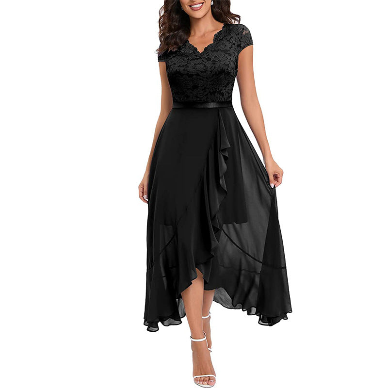 Robe Femme Longue en Dentelle – Décolleté V et Coupe Évasée