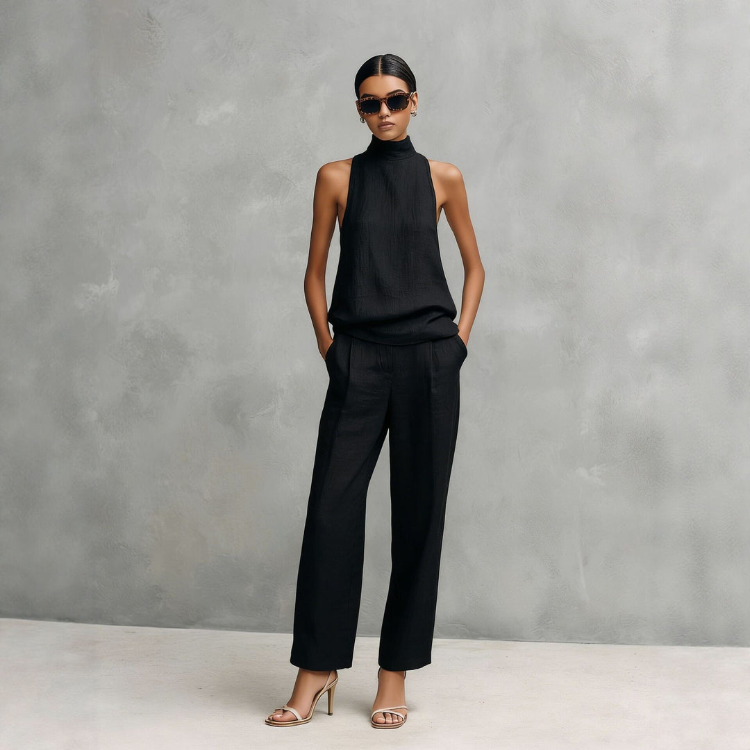 Damen-Set mit Stehkragen-Top ohne Ärmel und weiter Hose – moderne Silhouette