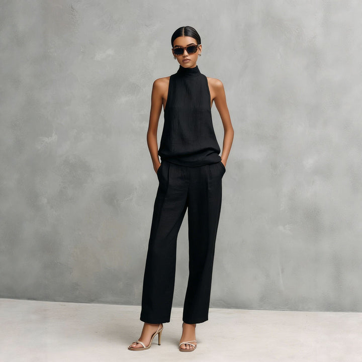 Damen-Set mit Stehkragen-Top ohne Ärmel und weiter Hose – moderne Silhouette