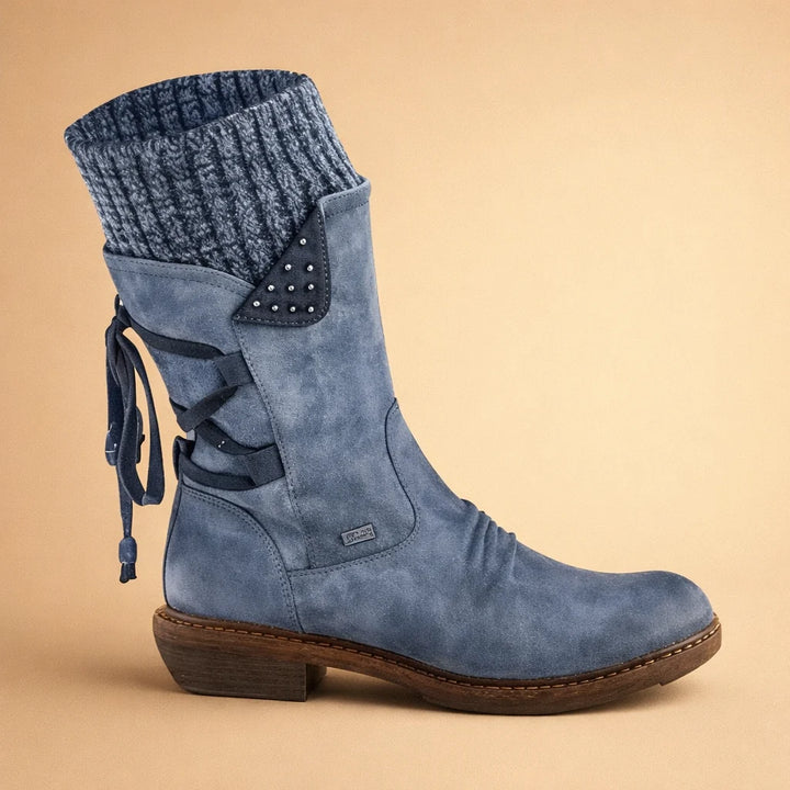 Damenstiefel mit weichem Schaft – niedriger Absatz, runde Zehenkappe, Martens-Stil