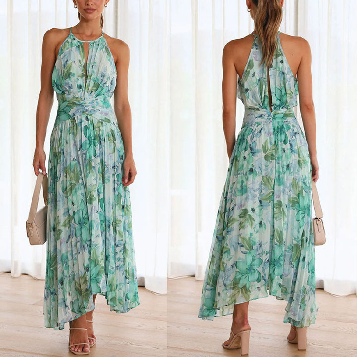 Robe Femme à Col Halter Imprimée – Sans Manches à Encolure V Évasée