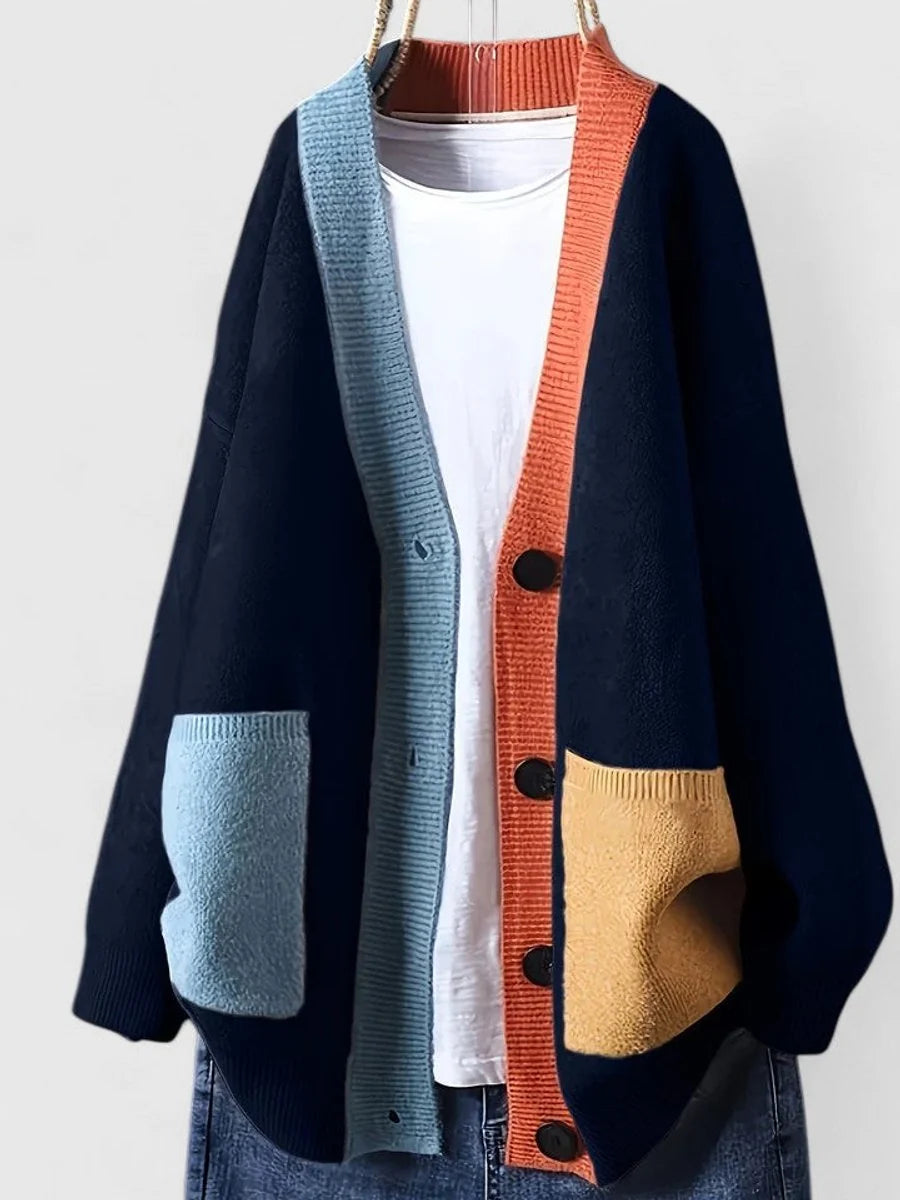 Oversize-Cardigan für Damen mit V-Ausschnitt – legerer Patchwork-Stil mit Knopfleiste