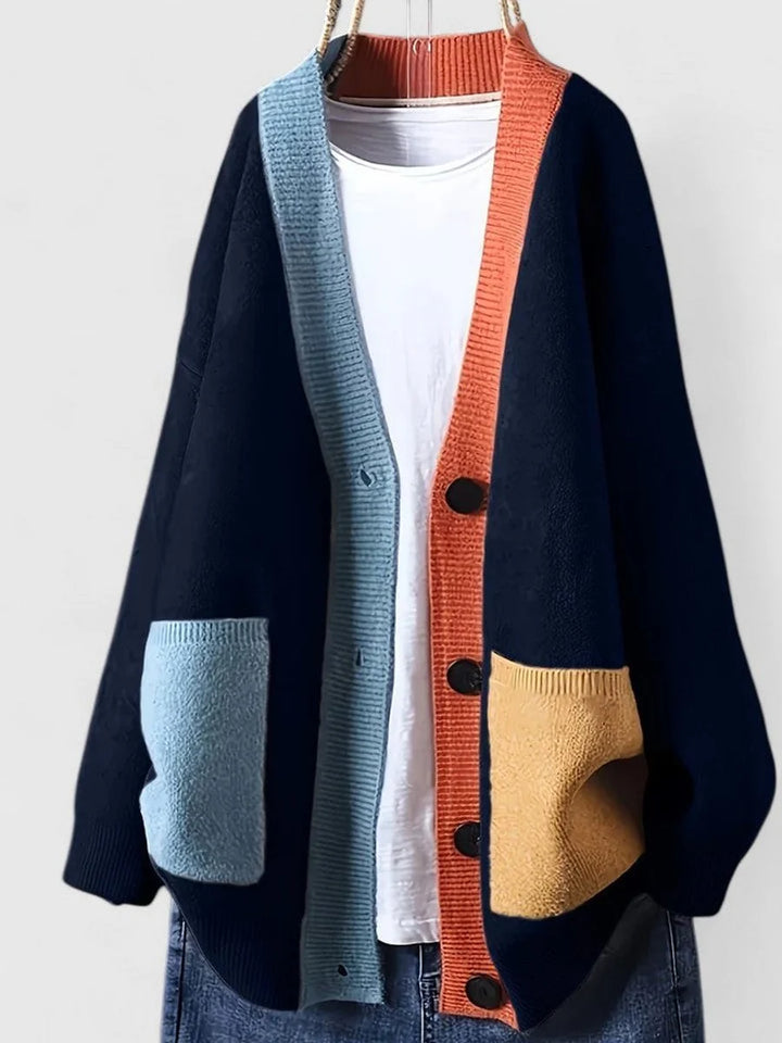 Oversize-Cardigan für Damen mit V-Ausschnitt – legerer Patchwork-Stil mit Knopfleiste