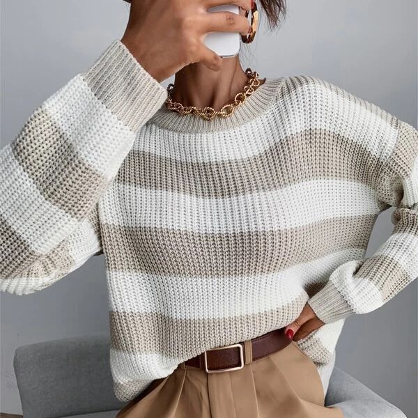 Damen-Pullover mit gestrickten Streifen – Lässige Loose-Passform