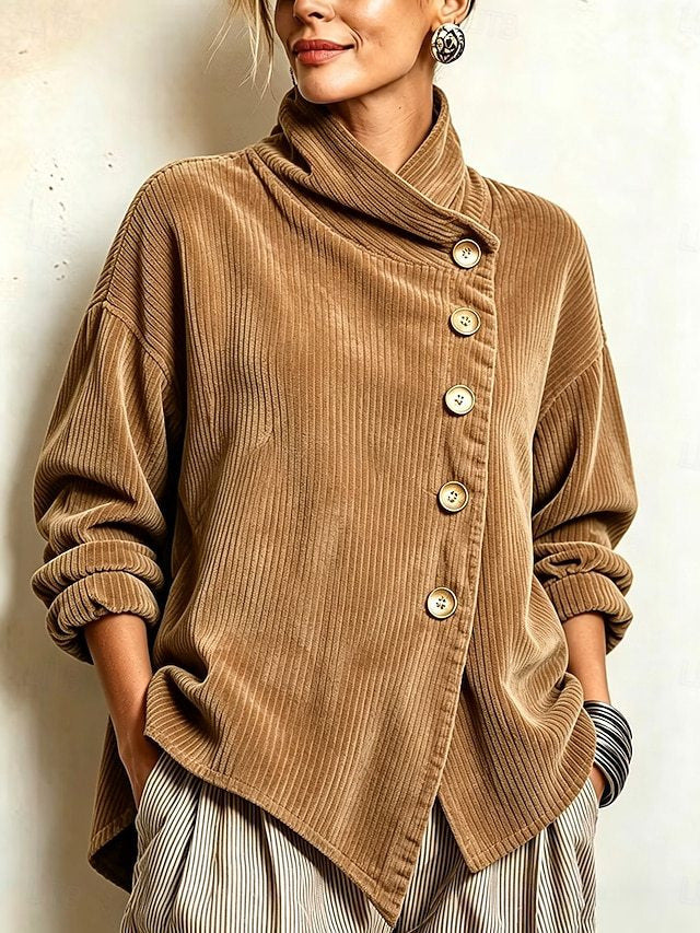 Veste Femme en Velours Côtelé – Col Haut Asymétrique Moderne