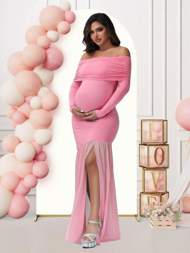Robe Maxi Maternité Femme Épaules Dénudées – Manches Longues Coupe Près du Corps