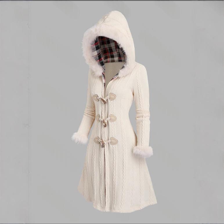 Manteau Femme à Capuche Patchwork Pied-de-Poule – Détail Nœud Longue Coupe