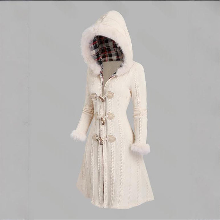 Manteau Femme à Capuche Patchwork Pied-de-Poule – Détail Nœud Longue Coupe