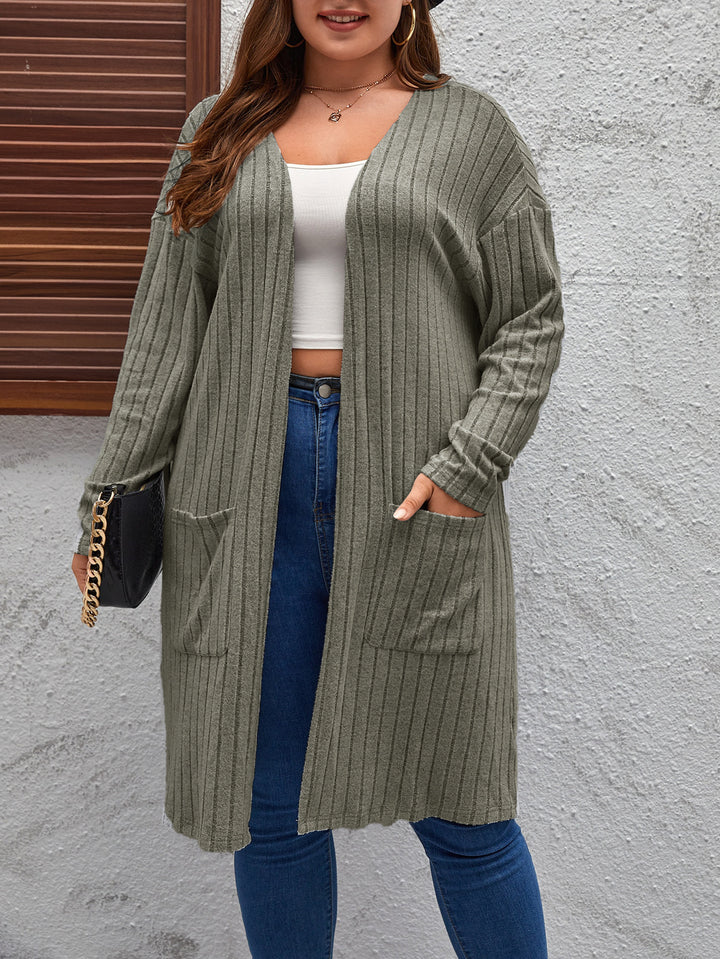 Cardigan Femme en Maille Côtelée – Coupe Longue Décontractée avec Poches
