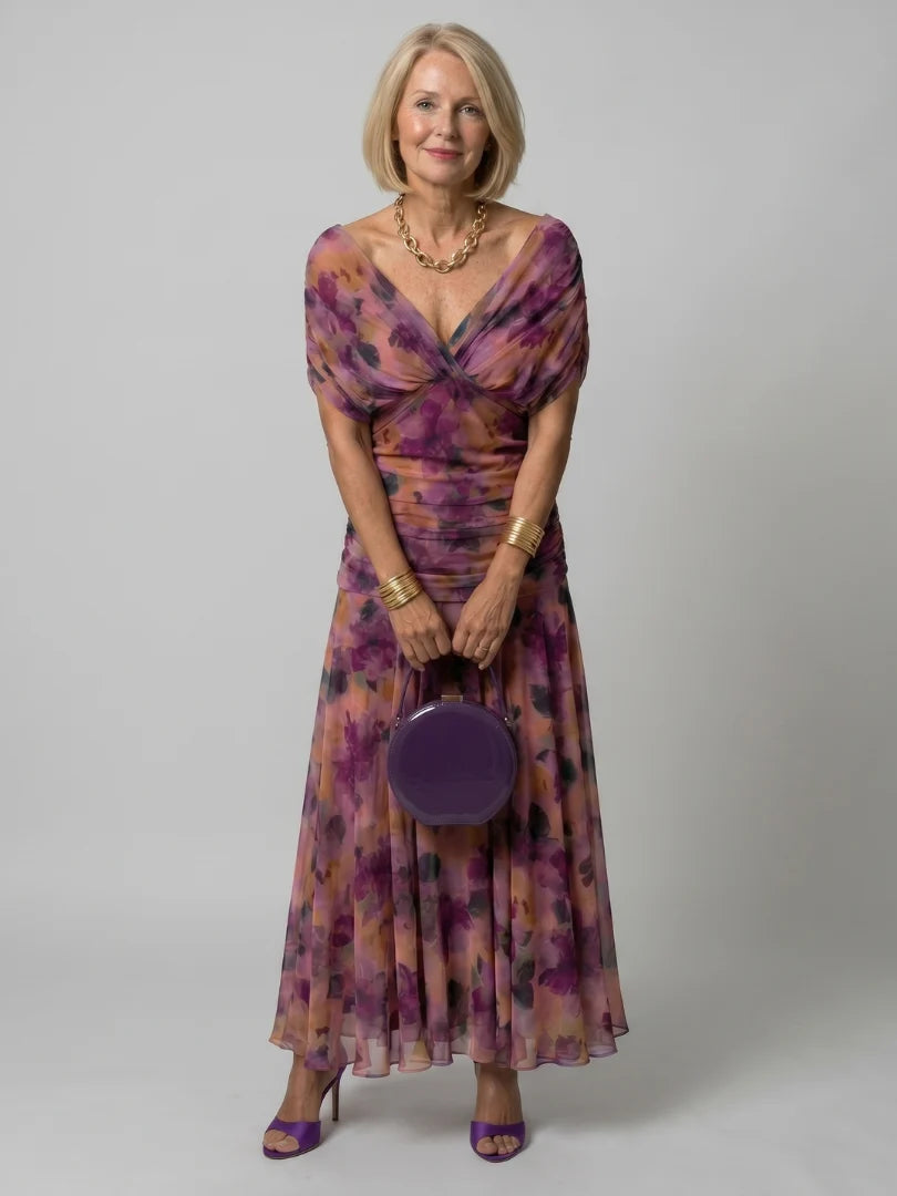 Robe Femme Maxi Chiffon – Imprimé Col V Manches Courtes