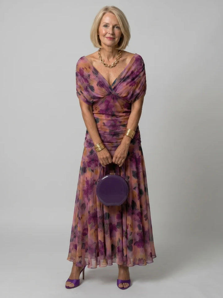 Robe Femme Maxi Chiffon – Imprimé Col V Manches Courtes