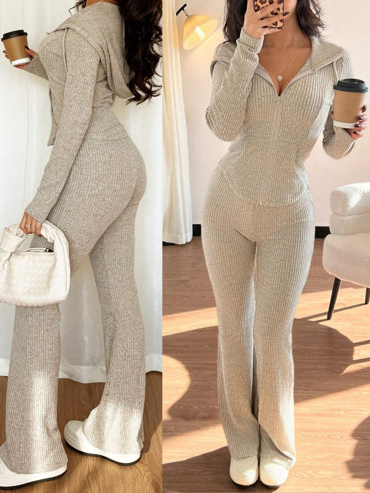 Ensemble Deux Pièces Femme – Veste Manches Longues Décontractée et Pantalon Évasé