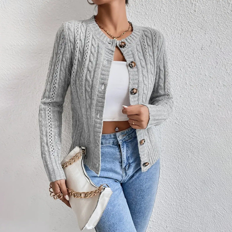Cardigan Femme Col Rond Torsadé Maille – Manches Longues Élégantes