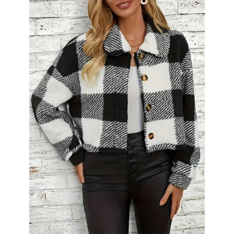 Veste Femme à Carreaux – Coupe Croppée, Tissu Doux et Épais