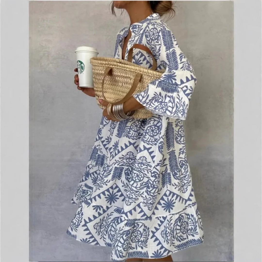 Vestito Donna Mini Stampa Botanica – Scollo Spacco, Silhouette Casual