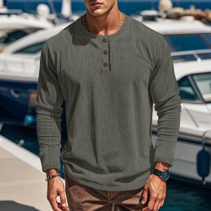 Herren-Hemd im Henley-Stil aus geripptem Baumwollcord - Schmale Passform