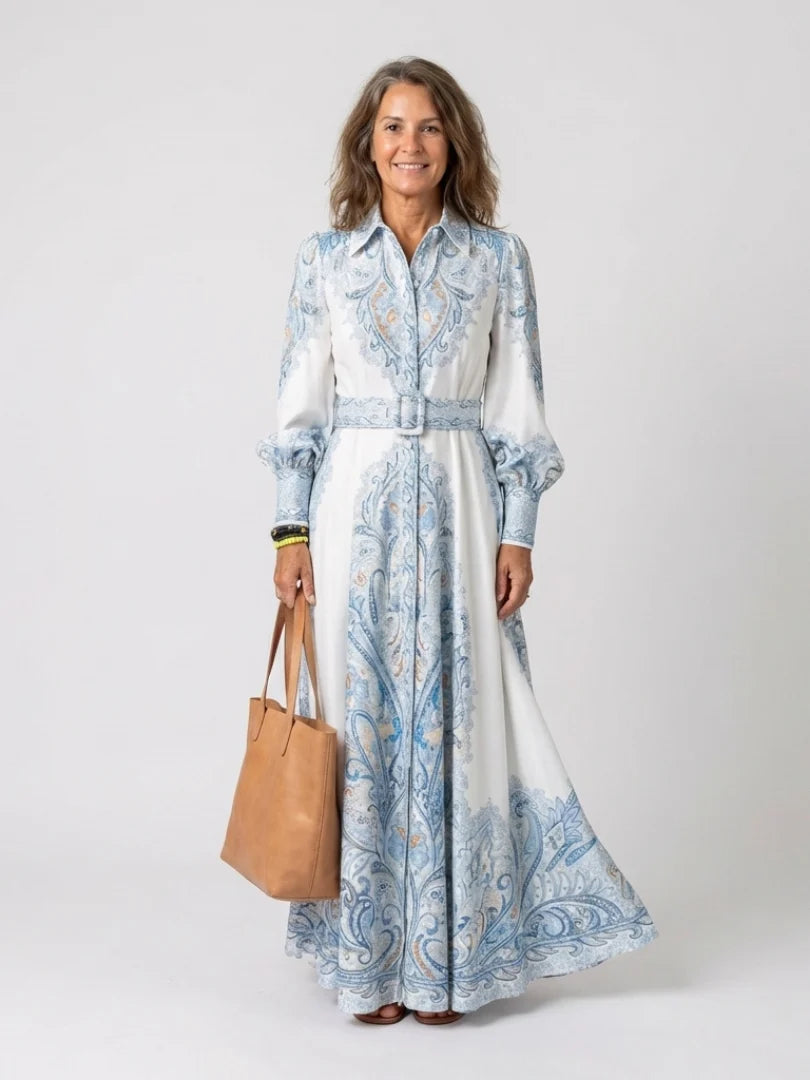Robe Femme Maxi Imprimée – Col à Revers Manches Lanternes