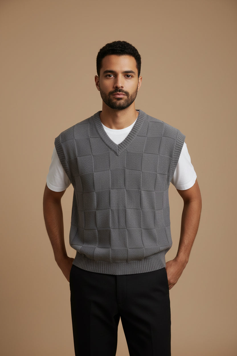 Herren-Weste aus Strickwaren – V-Ausschnitt, ärmellos, Karomuster