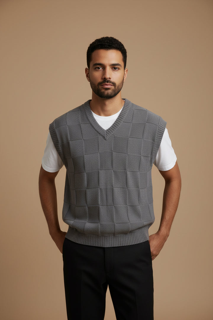 Herren-Weste aus Strickwaren – V-Ausschnitt, ärmellos, Karomuster