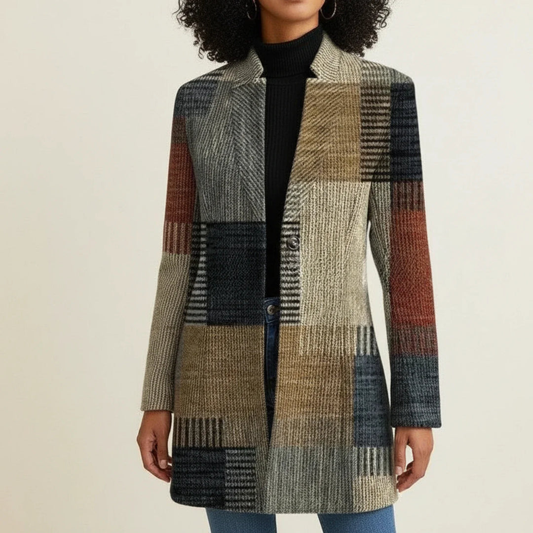 Damenmantel – strukturiertes Karomuster im Patchwork-Stil, Reverskragen