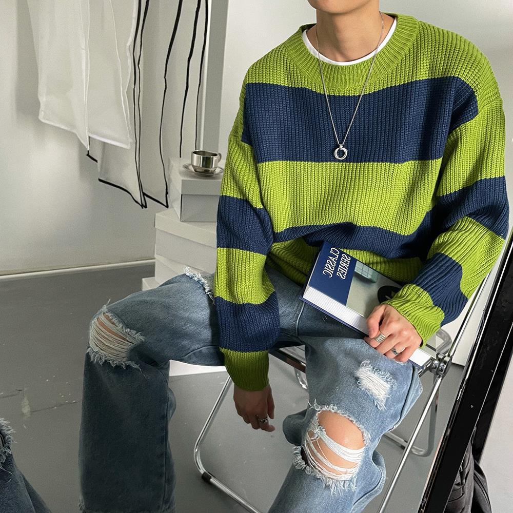 Pull Homme à Rayures – Col Rond Coupe Ample