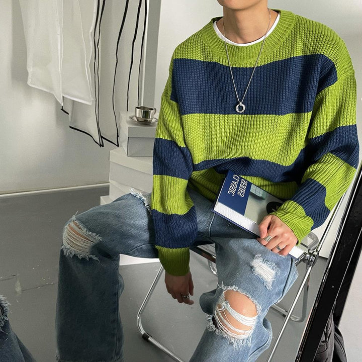 Pull Homme à Rayures – Col Rond Coupe Ample