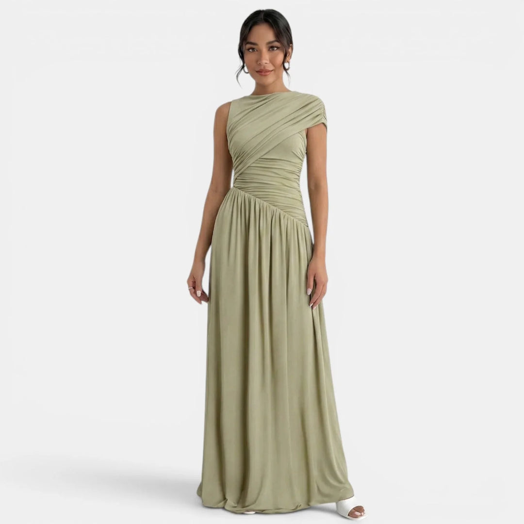 Eng anliegendes Maxikleid für Damen – plissierter asymmetrischer Ausschnitt