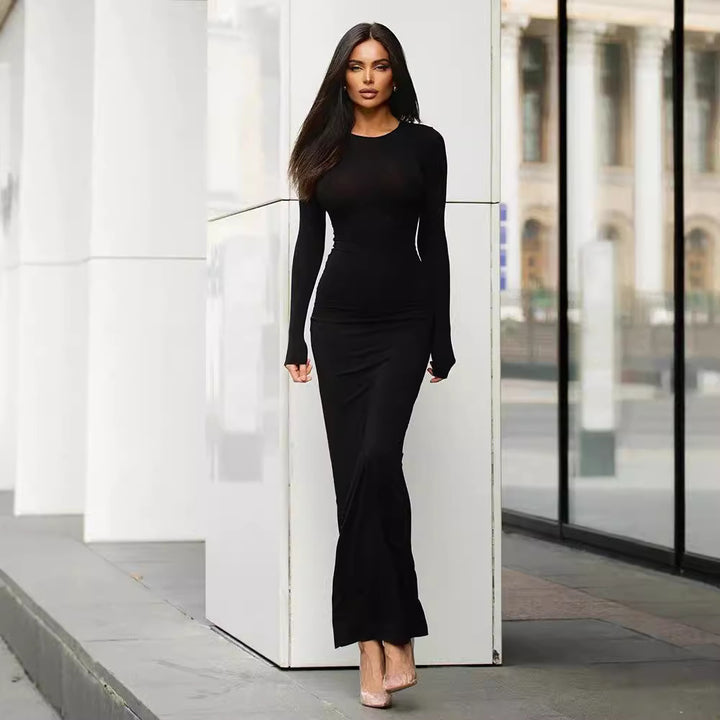 Robe Midi Femme – Coupe Ajustée Taille Haute Col Rond