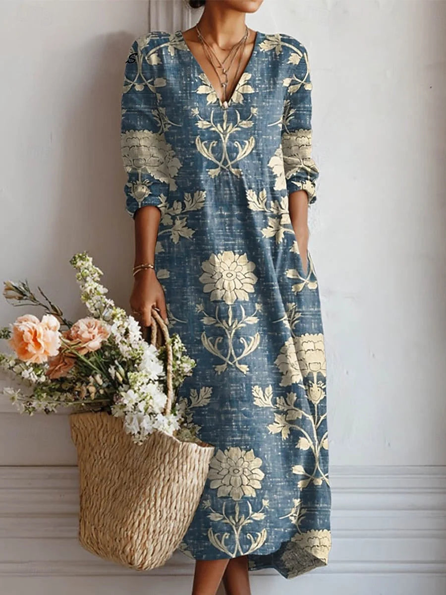 Damen-Leinenkleid mit langen Ärmeln – Lässiger Midischnitt