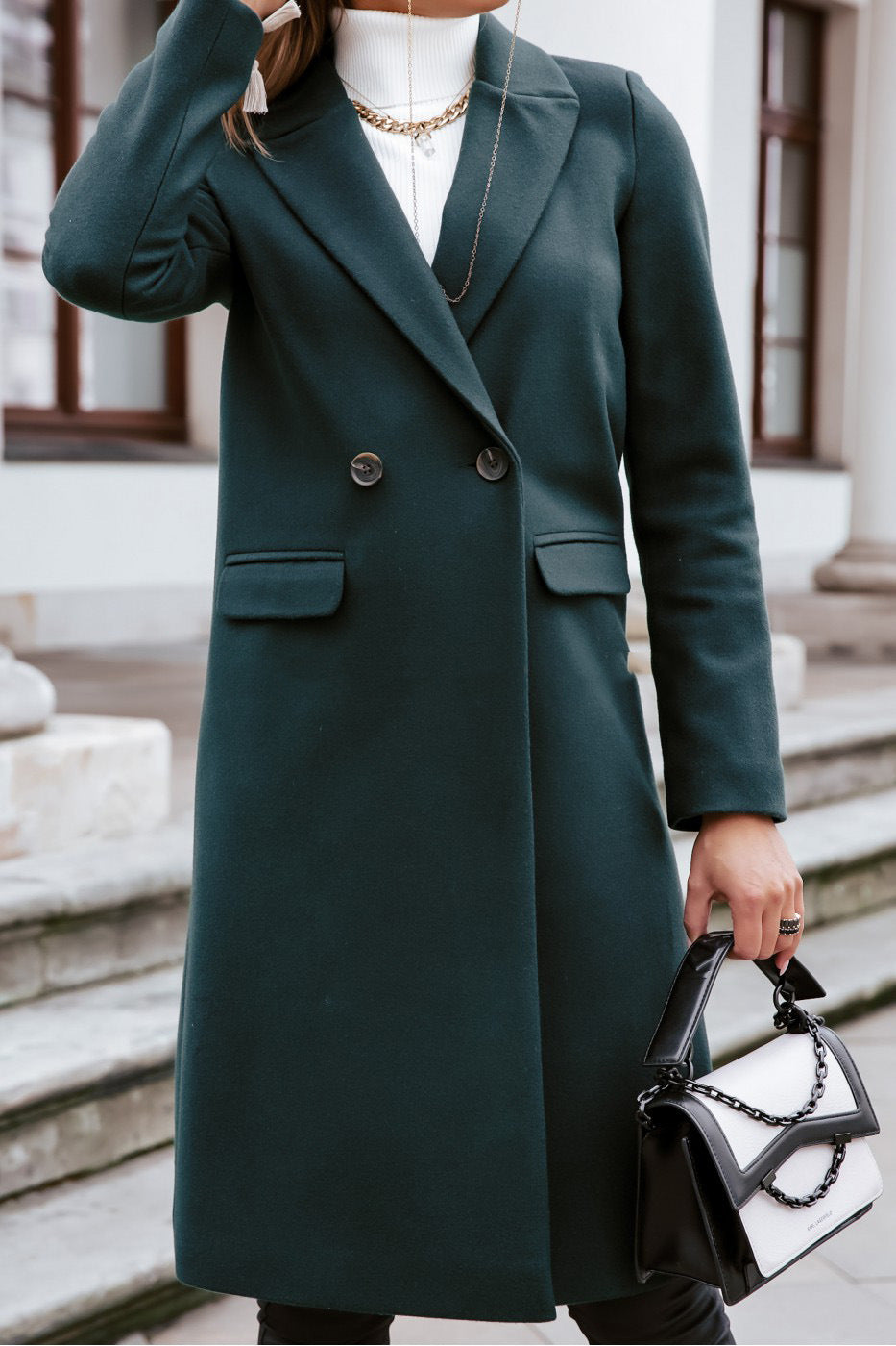 Manteau Long Double Boutonnage Femme Col Tailleur – Coupe Droite Décontractée