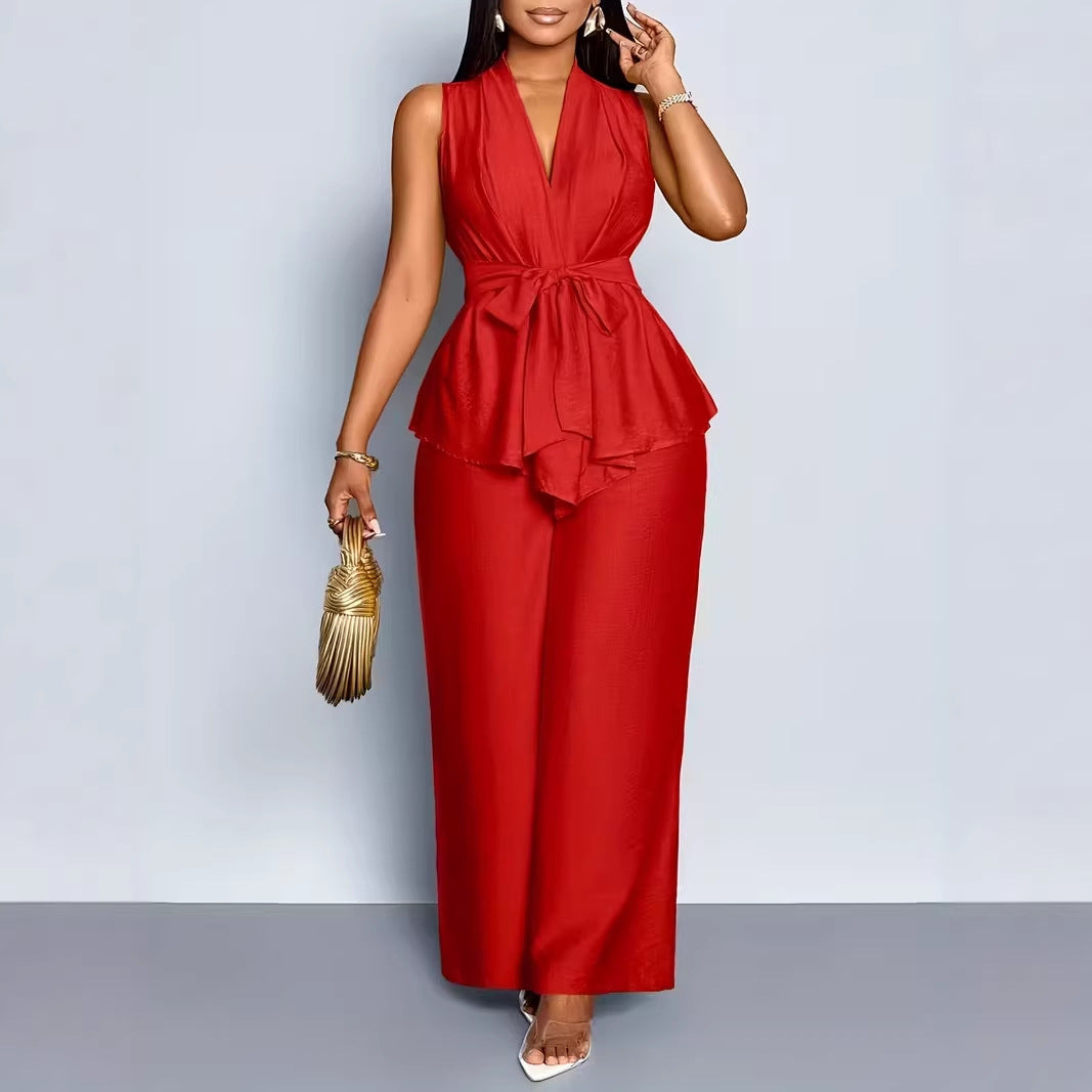 Damen-Set: asymmetrisches ärmelloses Top mit V-Ausschnitt und weit geschnittene Hose