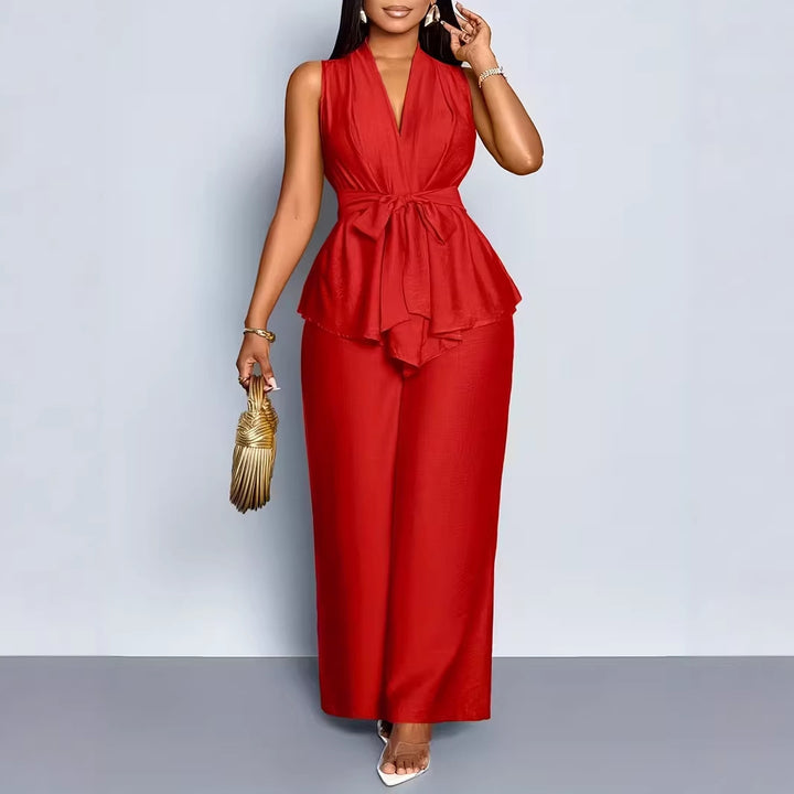 Damen-Set: asymmetrisches ärmelloses Top mit V-Ausschnitt und weit geschnittene Hose