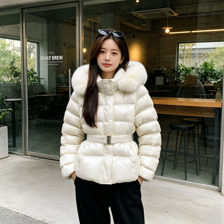 Manteau Femme Capuche Ceinturé – Col Fourrure Amovible, Taille Cintrée