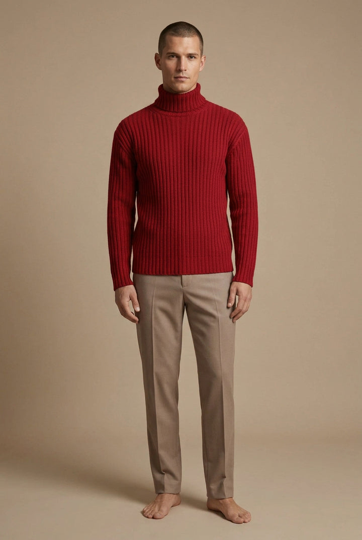 Herresweater med rullekrave i strik – slim fit med ribstrik