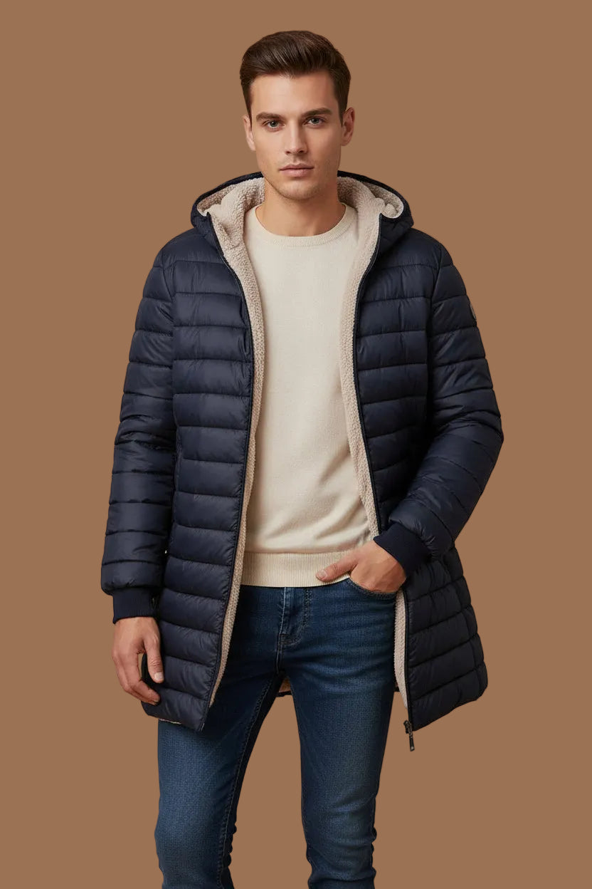 Gefütterte Steppjacke Herren mit Kapuze, mittellang – Fleecefutter