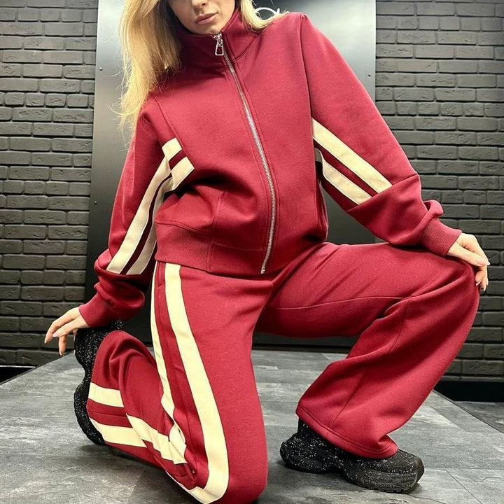 Ensemble Deux Pièces Femme – Veste de Sport Rayée &amp; Pantalon Large Coupe Décontractée