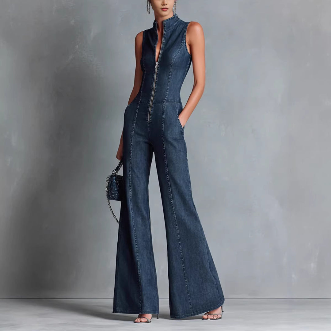 Combinaison Femme en Jean – Coupe Ajustée Sans Manches à Col Montant Zip