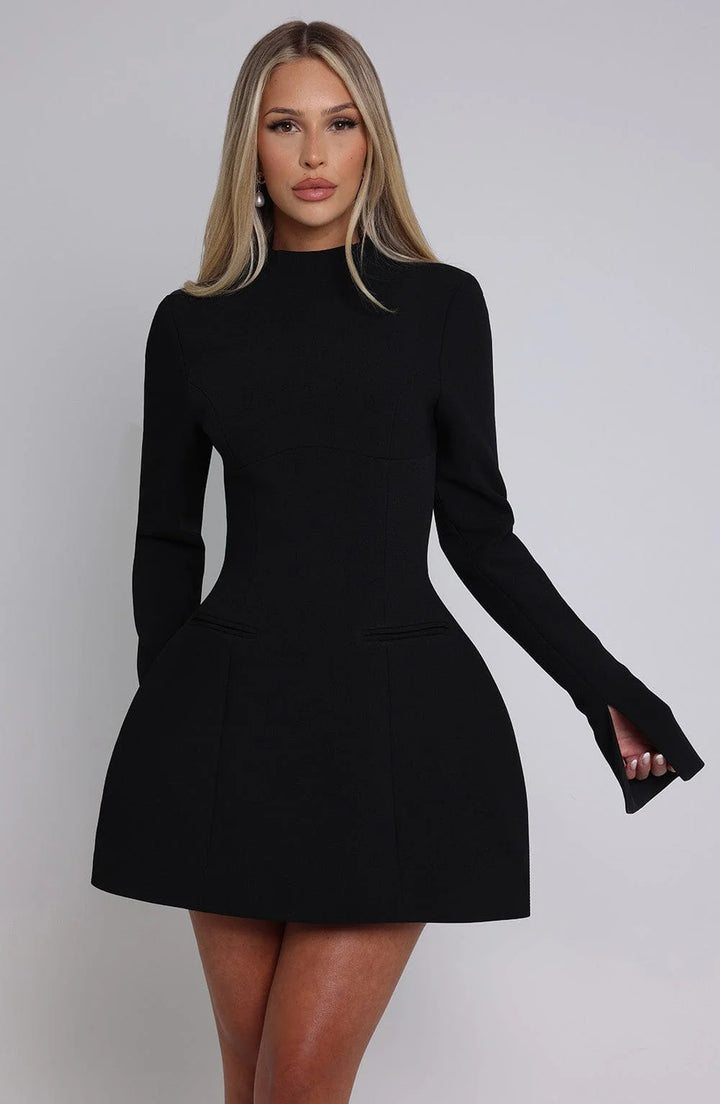 Damen-Minikleid in A-Linie mit langen Ärmeln – hohe Taille, rückenfrei