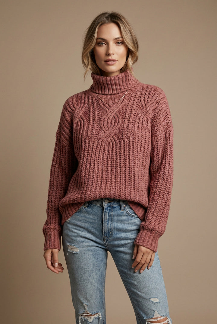 Pull Femme Col Montant Maille Torsadée – Coupe Ample Texturée